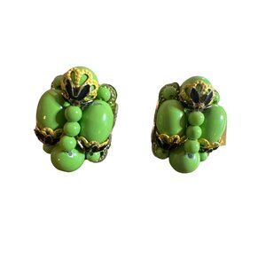 Green Beaded Clip-on Vintage Style Earrings Unique Gold Tone Yellow Black